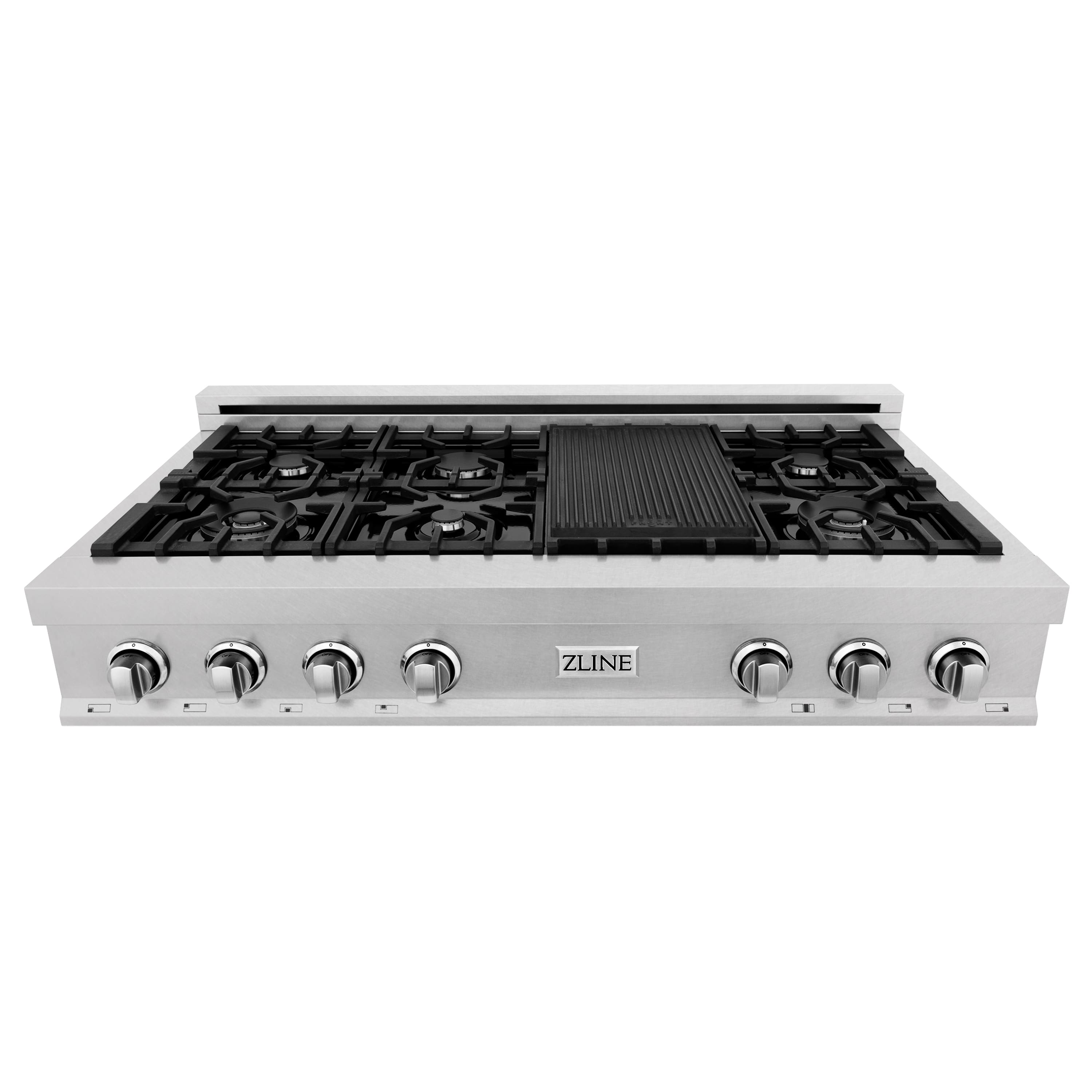Angle. ZLINE - ZLINE 48 in. Legacy Gas Rangetop with 7 Burners and Porcelain Cooktop (RTS-48) - Satin Stainless Steel.