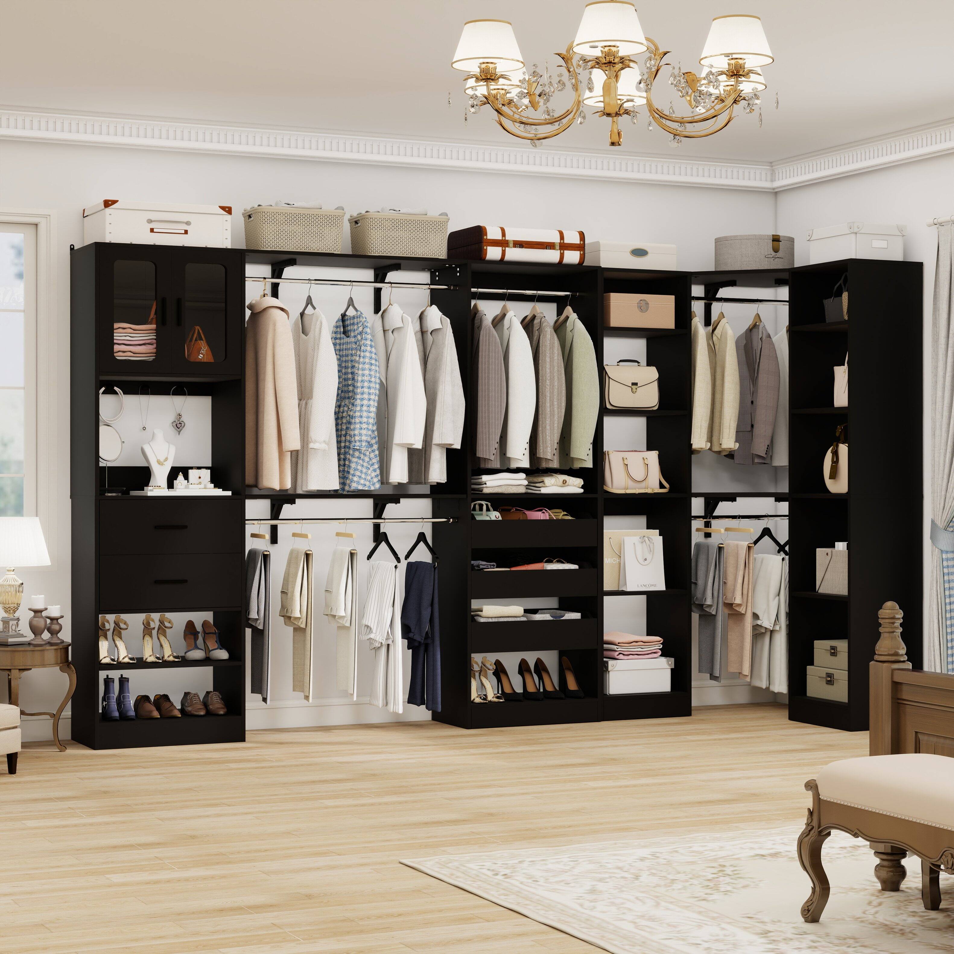 Left. Aheaplus - 100'' Large Walk-in Closet Organizer System with Drawers, Hanging Rods and 20 Shelves for Storage, 3 Sets - Black.