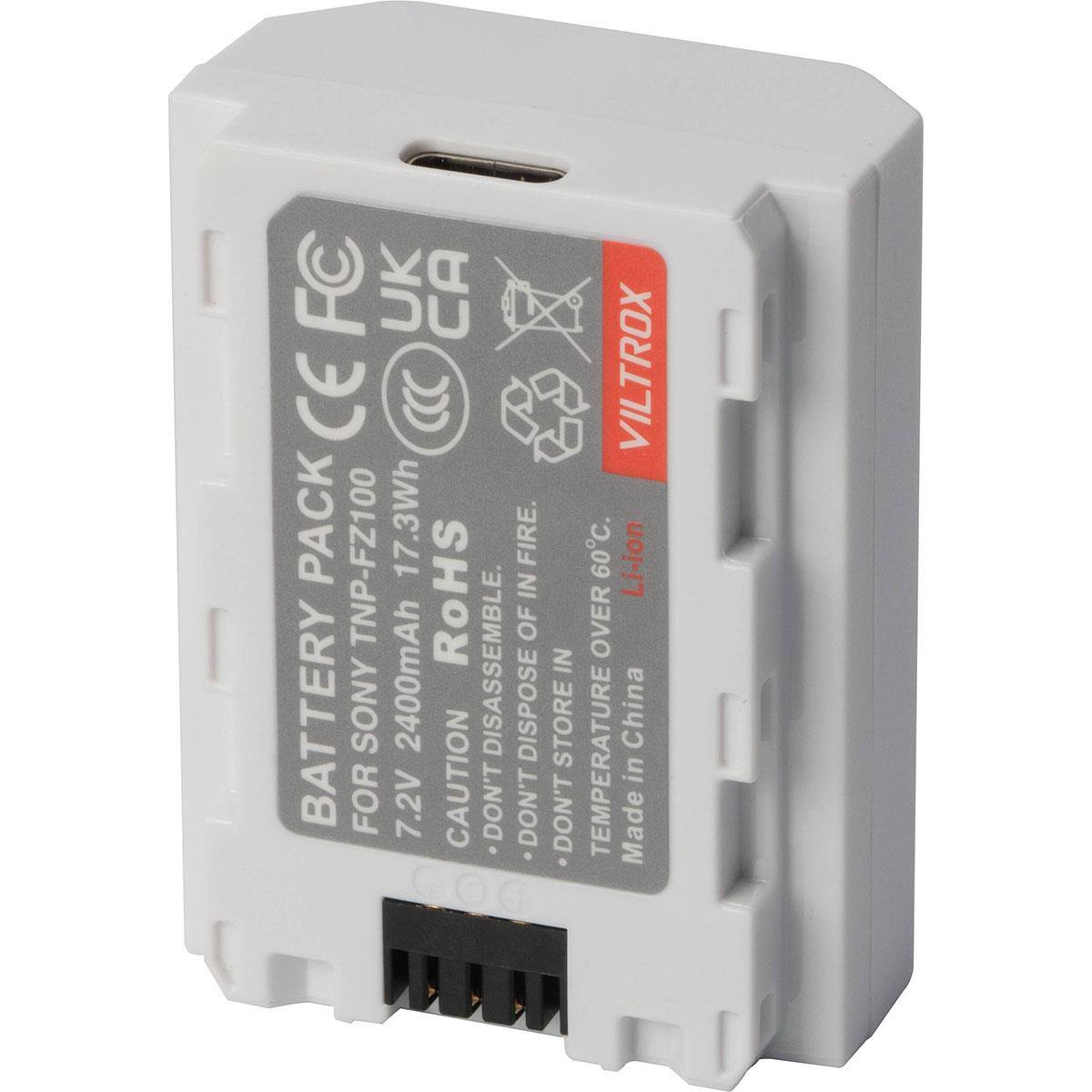 BATTERY PACK (CE FC UK CA)  
FOR SONY TNP-FZ100  
7.2V 2400mAh 17.3Wh  
ROHS  
CAUTION:  
- DON'T DISASSEMBLE.  
- DON'T DISPOSE OF IN FIRE.  
- DON'T STORE IN GOO  
TEMPERATURE OVER 60°C.  
Made in China  
VILTROX