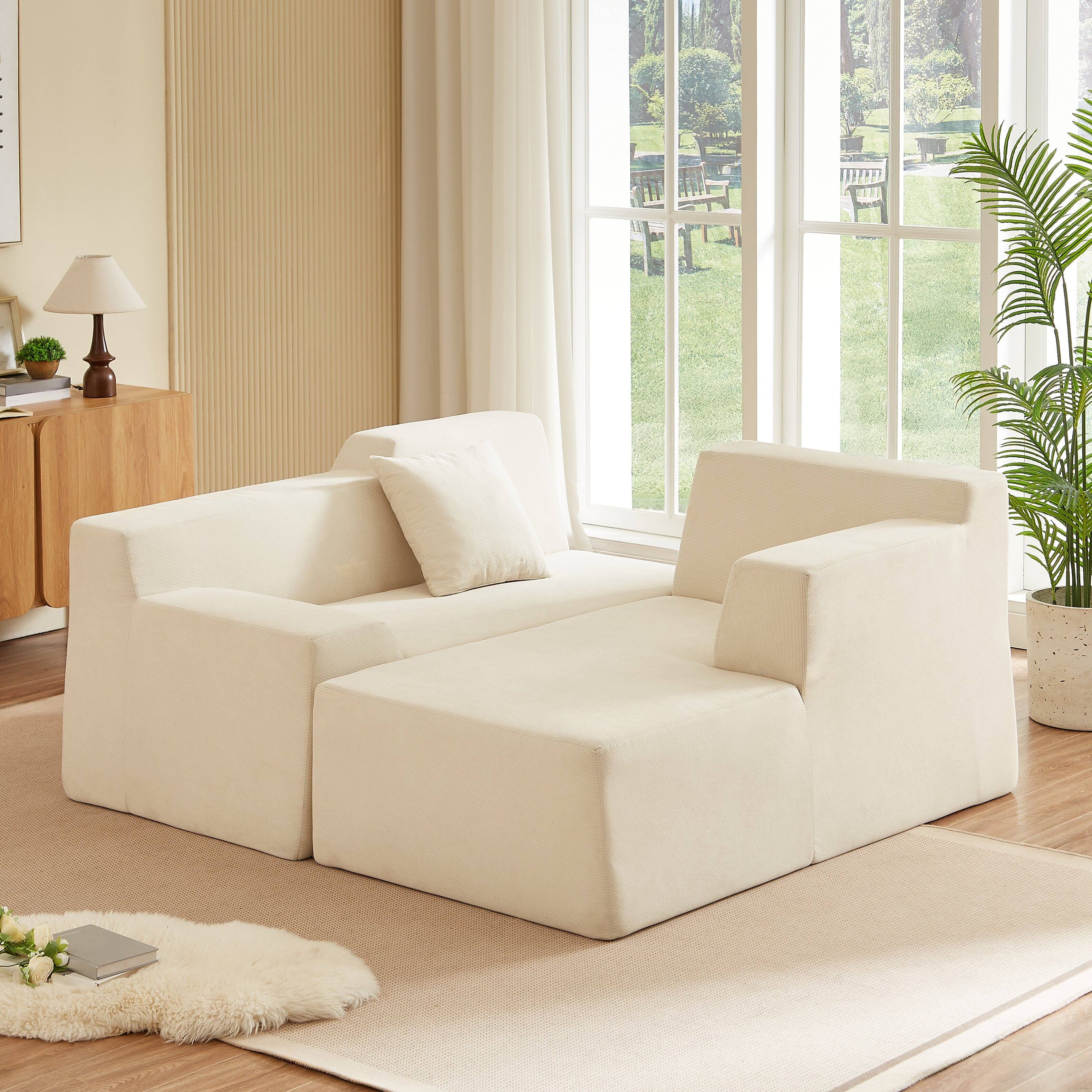 Left. Anysun - Anysun L-Shaped Design Right-Facing Modern Minimalist Corduroy High Raised Thickened Back Sofa - Beige.