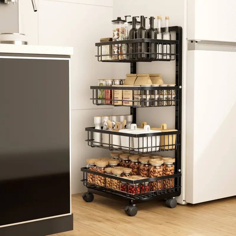 Angle. Malletson - 4-Tier Kitchen Snack Cart with Wheels – Versatile Rolling Storage Cart for Kitchen - Black.