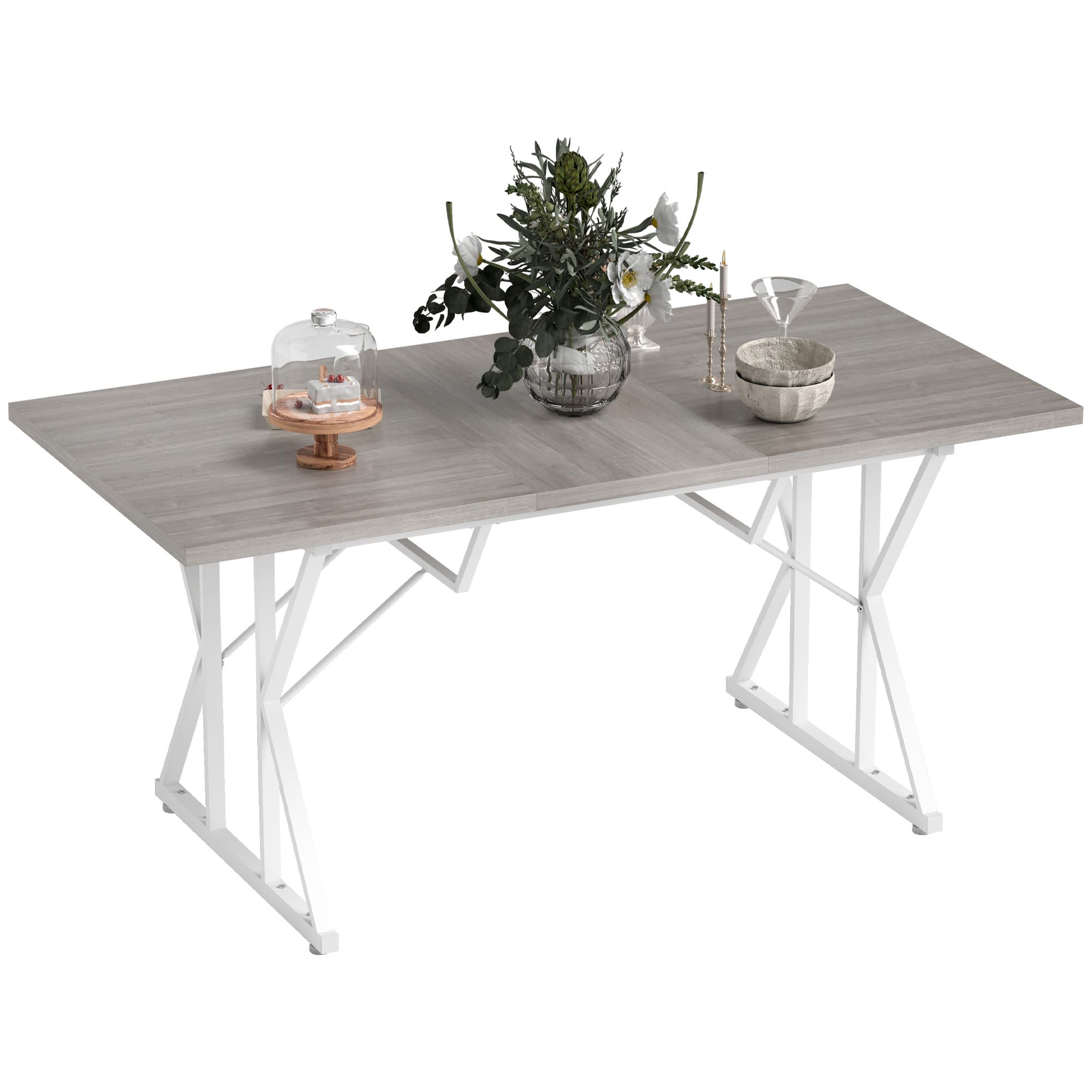Homcom - 47"-63" Expandable Dining Table for 4-6 People, Farmhouse Extendable Dining Room Table with Metal Trestle Base - Distressed Gray