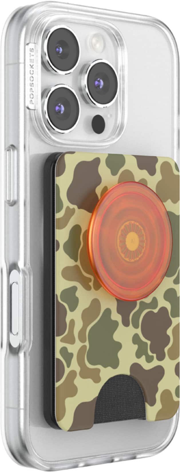 Angle. PopSockets - MagSafe PopWallet+ Cell Phone Wallet & Grip, with Adapter Ring - Bruce/Camo.