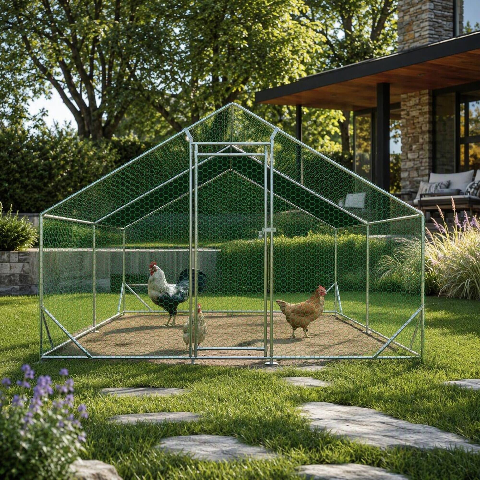 Left. RYHNUYNE - Large Metal Chicken Coop, Galvanized Walk-in Poultry Cage with Anti-UV Cover, 10' x 13' x 6.56' Outdoor Run.