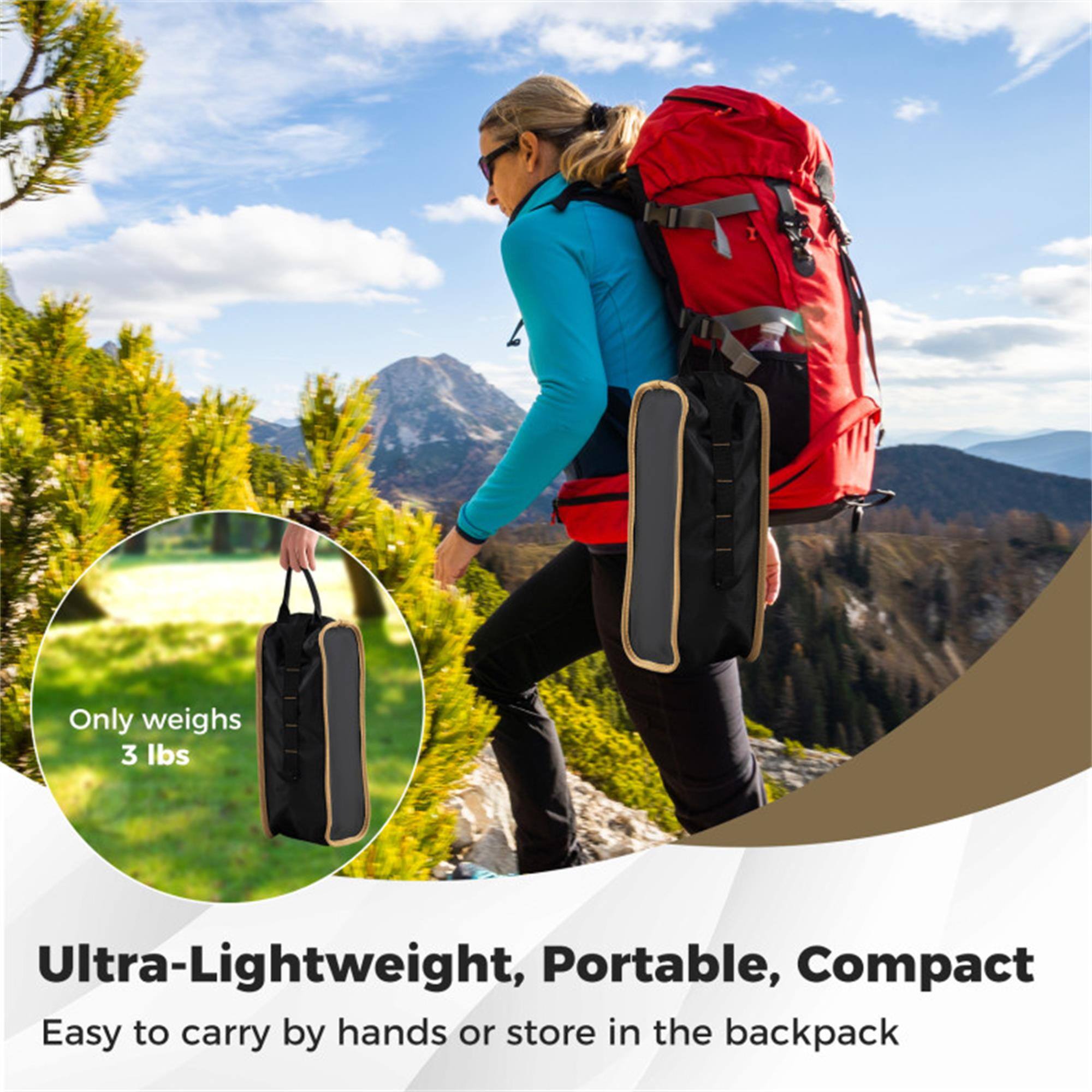 Only weighs 3 lbs  
Ultra-Lightweight, Portable, Compact  
Easy to carry by hands or store in the backpack