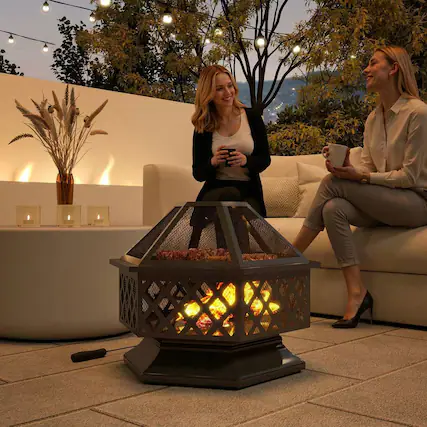 Front. Resenkos - 28" Outdoor Fire Pit with Grill, Wood Burning Firepit with Cooking Grate, Fire Poker, Spark Screen Lid, Black.