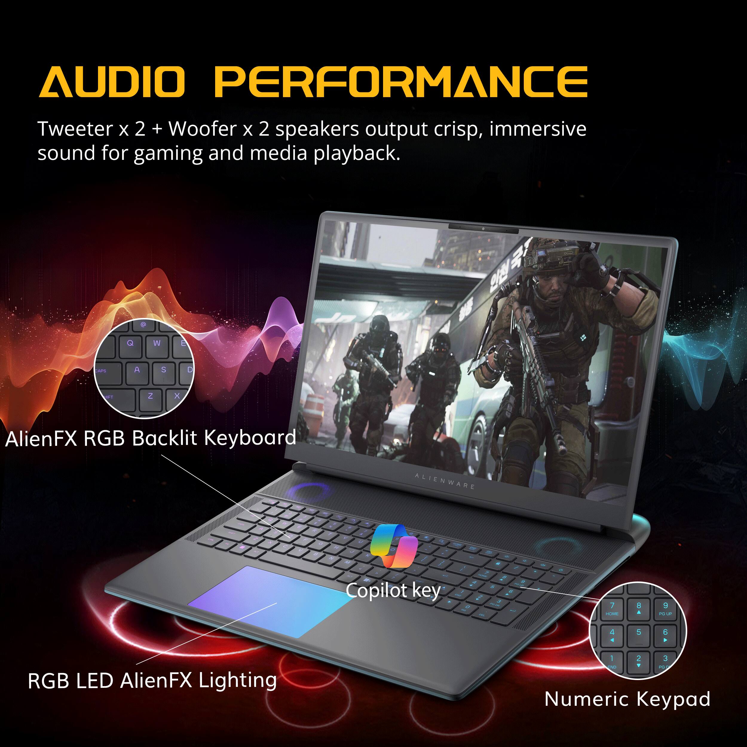 AUDIO PERFORMANCE  
Tweeter x 2 + Woofer x 2 speakers output crisp, immersive sound for gaming and media playback.

AlienFX RGB Backlit Keyboard  
RGB LED AlienFX Lighting  
Copilot key  
Numeric Keypad