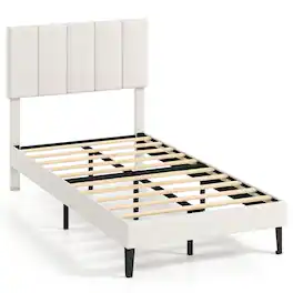 Costway - Twin Size Velvet Bed Frame,Upholstered Platform Bed with Adjustable Headboard - Beige