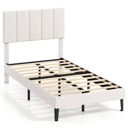Front. Costway - Costway Twin Size Velvet Bed Frame,Upholstered Platform Bed with Adjustable Headboard - Beige.