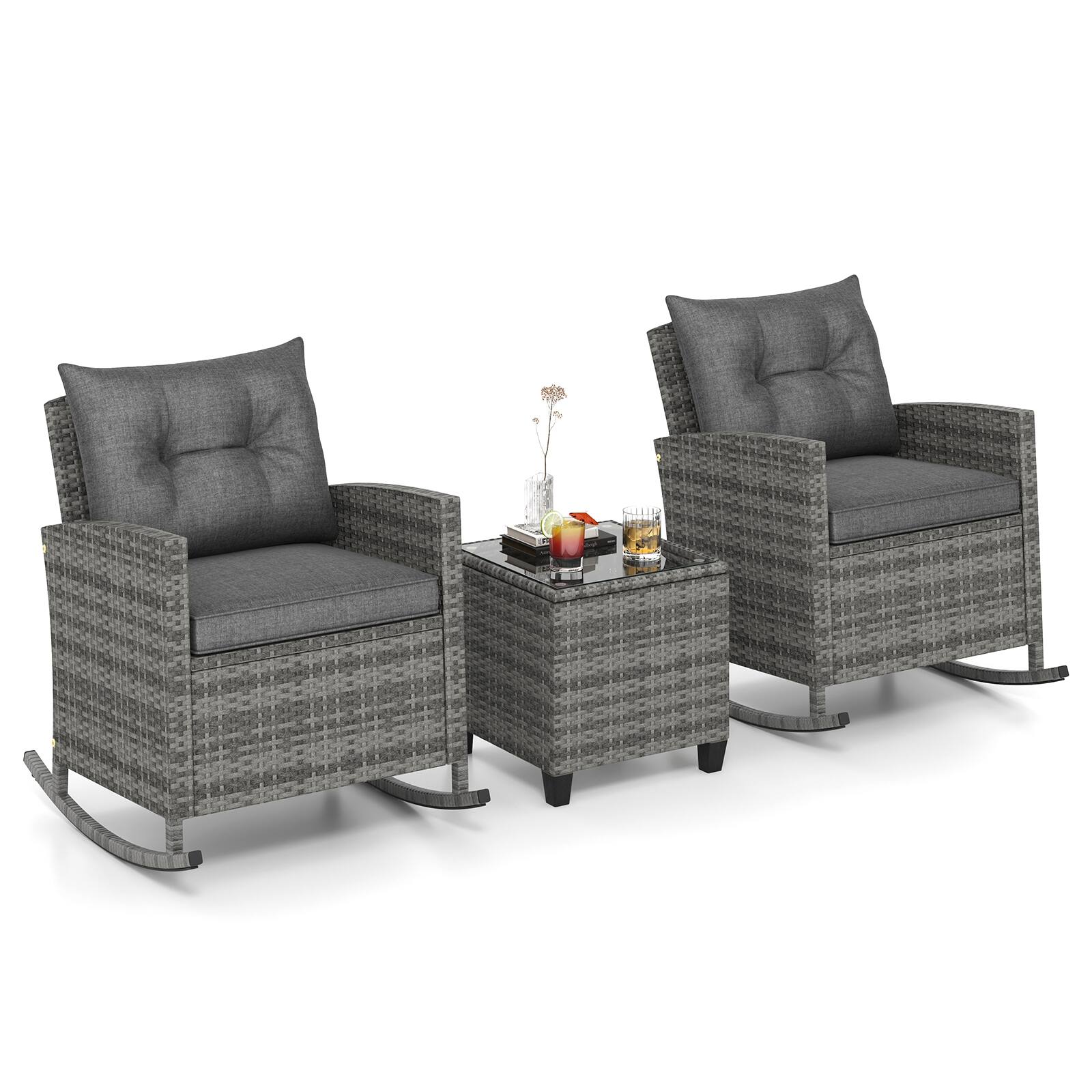 Alt View 9. Gymax - Gymax Set of 3 Wicker Rocking Set Patio w/ Tempered Glass Table & Soft Cushions Gray - Gray.