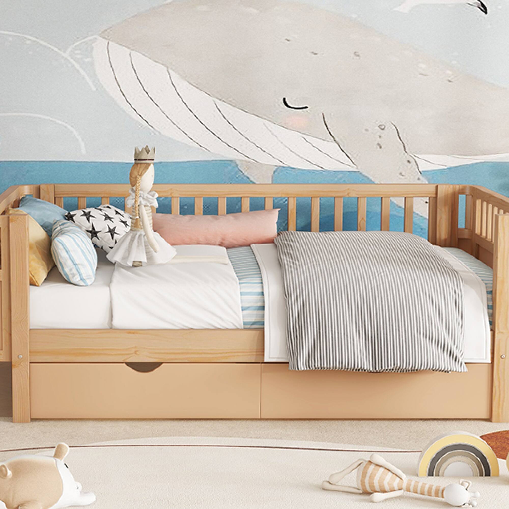 Alt View 10. GOODSILO - Twin Size Wood Platform Bed with Safety Rails for Kids, Low Profile Design with Storage Drawers and Modern Style - Natural.