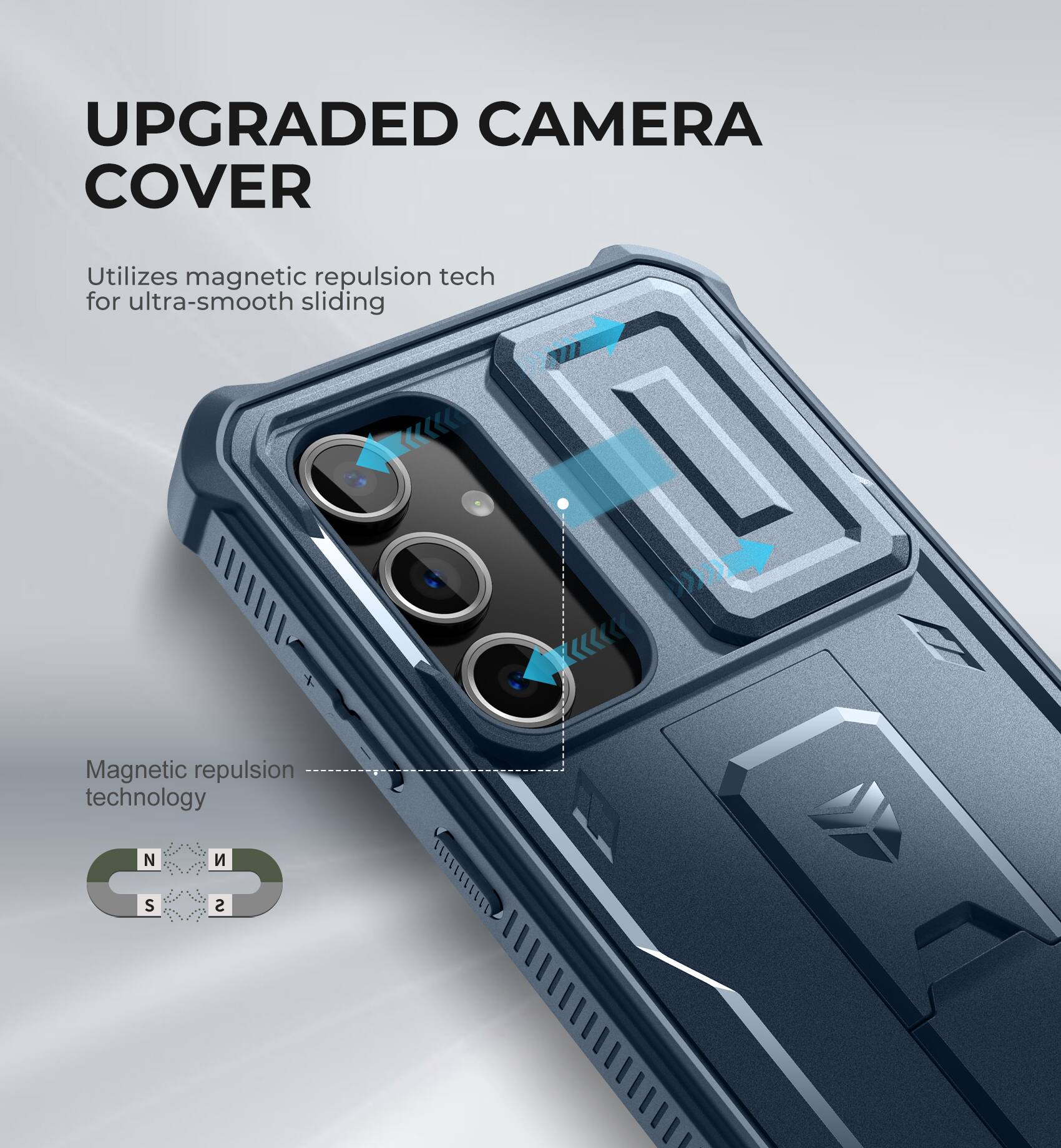 UPGRADED CAMERA COVER, Utilizes magnetic repulsion tech for ultra-smooth sliding, Magnetic repulsion technology, N S S
