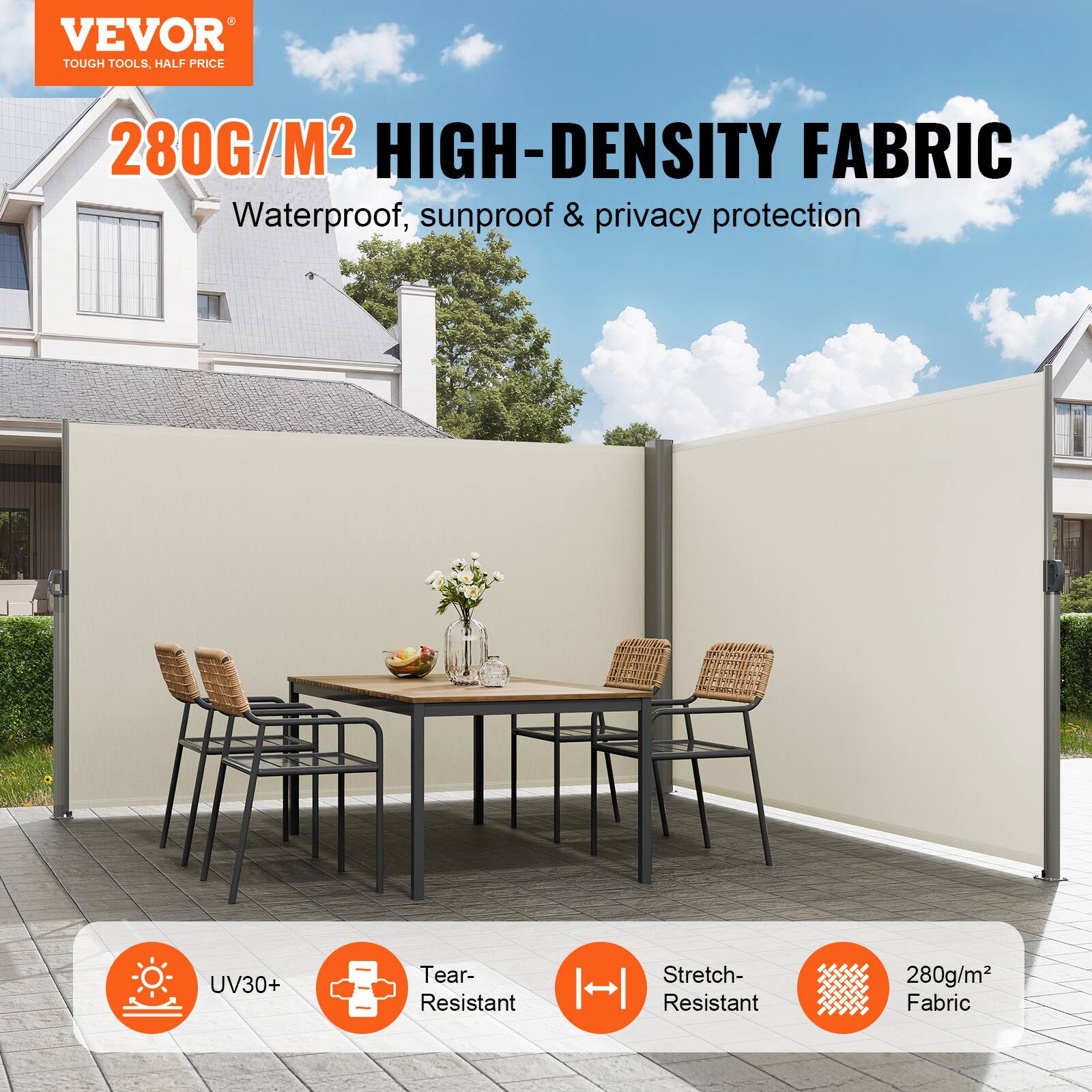 VEVOR TOUGH TOOLS, HALF PRICE 280G/M2 HIGH-DENSITY FABRIC Waterproof, sunproof & privacy protection UV30+ Tear-Resistant Stretch-Resistant 280g/m2 Fabric