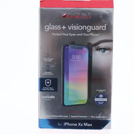 INVISIBLE SHIELD glass + visionguard
Protect Your Eyes—and Your Phone
Filters Harmful Blue Light
9:56
Maintains Natural Colors
Protects From Digital Eye Strain
RECOMMENDED BY THE
eyesafe VISION HEALTH ADVISORY BOARD
Limited Lifetime Warranty
Impact Protection
Easy Application
for: iPhone Xs Max