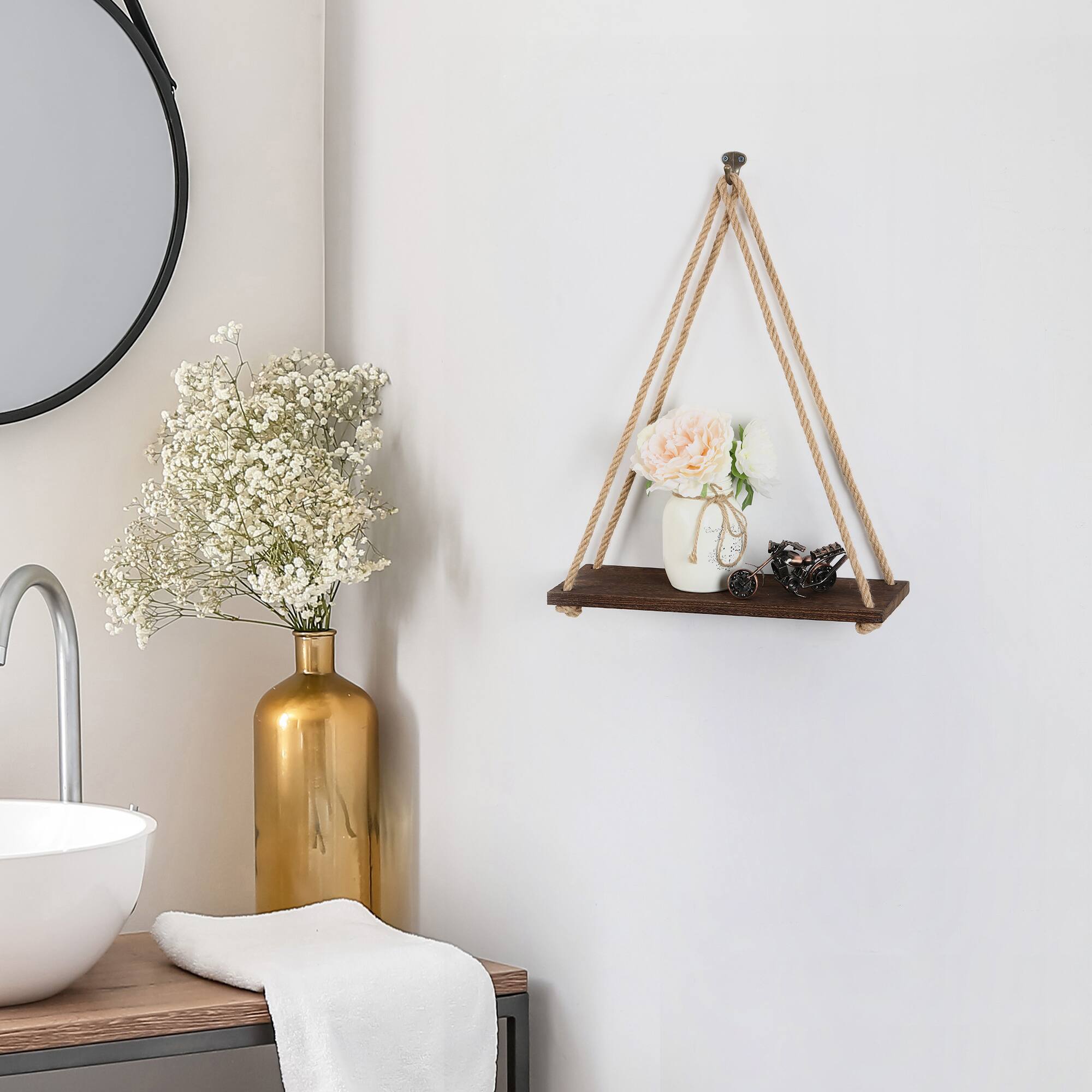 Back. Oumilen - 4 Pack Rustic Wood Hanging Wall Shelf with Natural Hemp Rope, Single Tier Swing Floating Plant Display Rack - Brown.