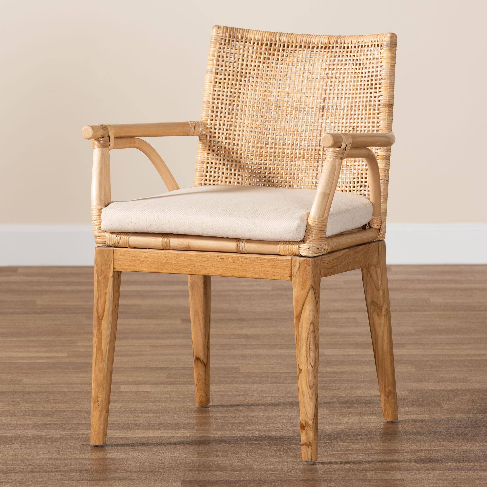 Alt View 5. bali & pari - Storsel Modern Bohemian Finished Teak Wood and Rattan Dining Chair - Natural Brown/Cream.