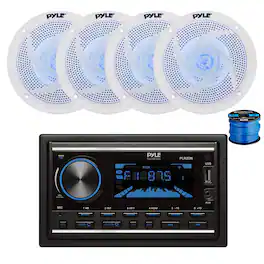 Pyle - PLR2DN Double DIN Bluetooth Marine Stereo Receiver, 4X 6.5" 240W Slim Blue Flashing LED Speakers (White) w/ Wire