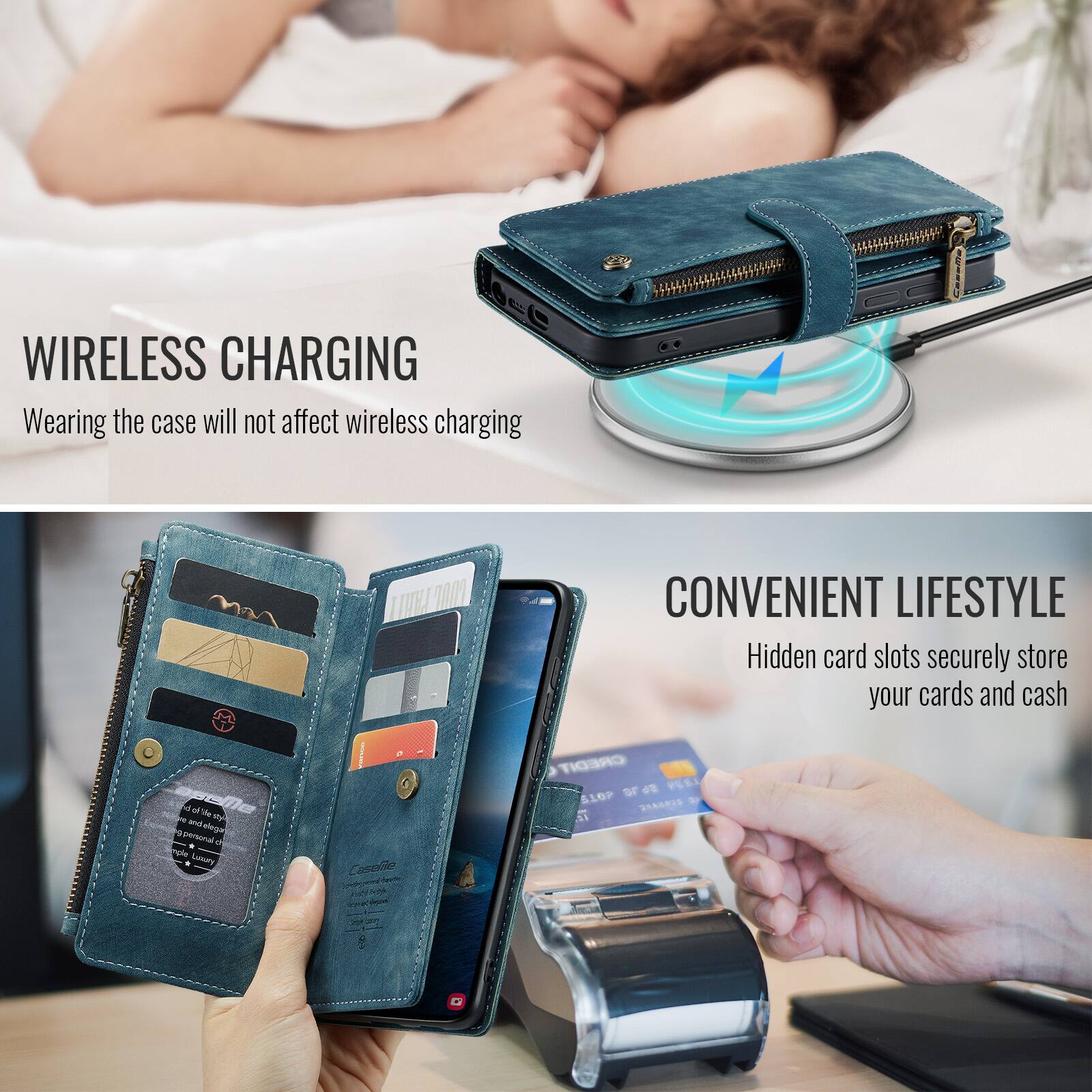 WIRELESS CHARGING  
Wearing the case will not affect wireless charging  

CONVENIENT LIFESTYLE  
Hidden card slots securely store your cards and cash