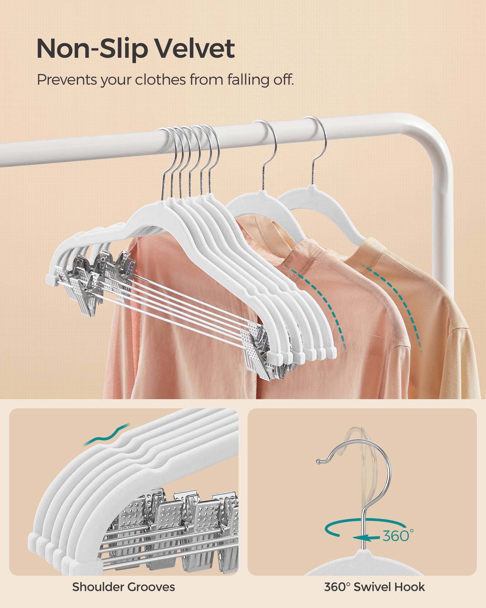 Non-Slip Velvet Prevents your clothes from falling off.

360° Shoulder Grooves

360° Swivel Hook