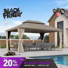 PURPLE LEAF - 12 X 16 FT Outdoor Aluminum Champagne Hardtop Gazebo with Galvanized Steel Double Roof with Netting and Curtains - 12' X 16'