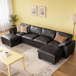 Dyonery - 120" Sectional Couches,Modern Modular Sectional Sofa,with Comfy Deep Seats,Fluffy L-Shape PU Leather Sofa Couch - Black