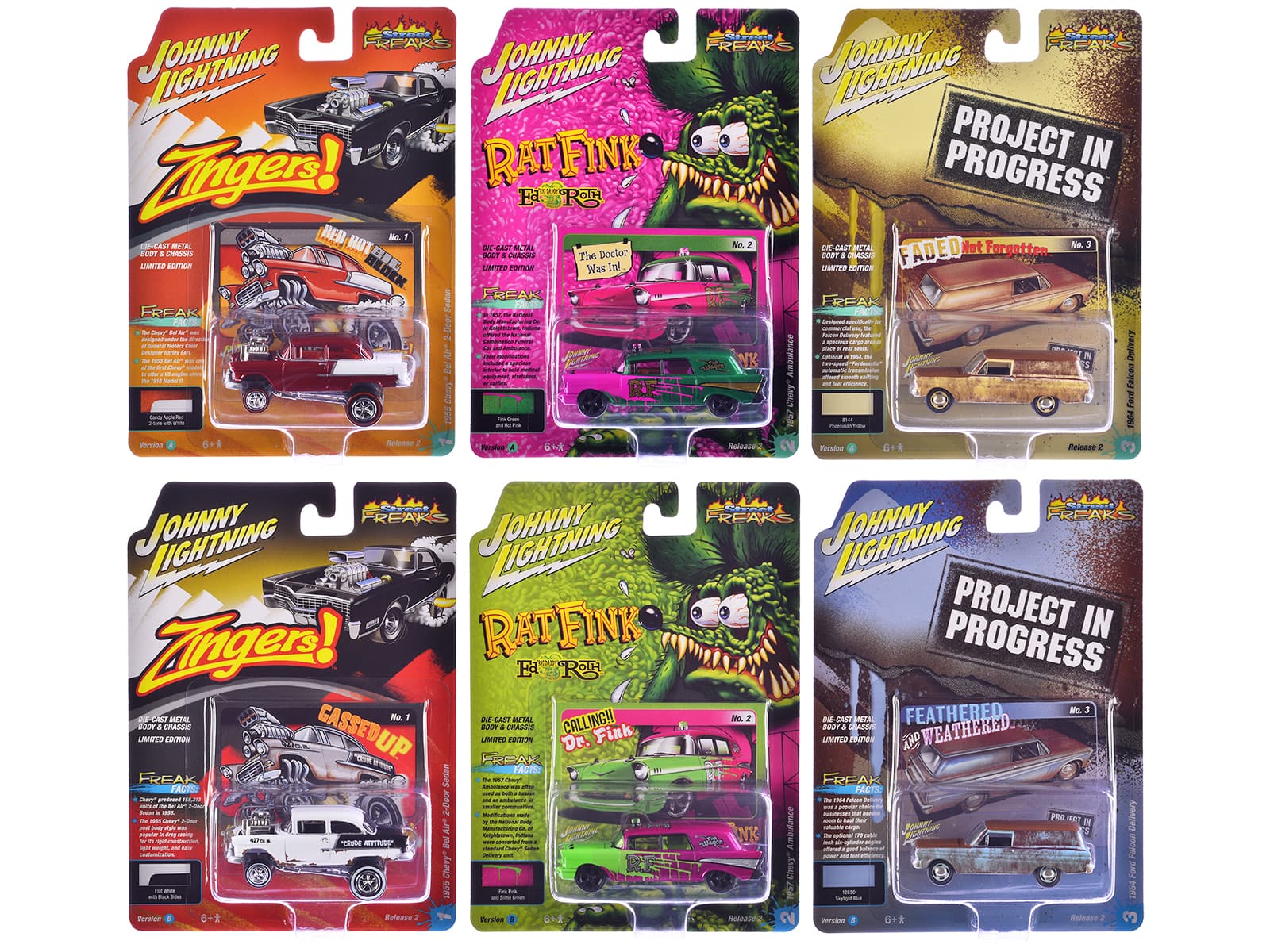 "Street Freaks" 2025 Release 2 of 6 Cars 1/64 Diecast Model Cars by Johnny Lightning - Multicolor