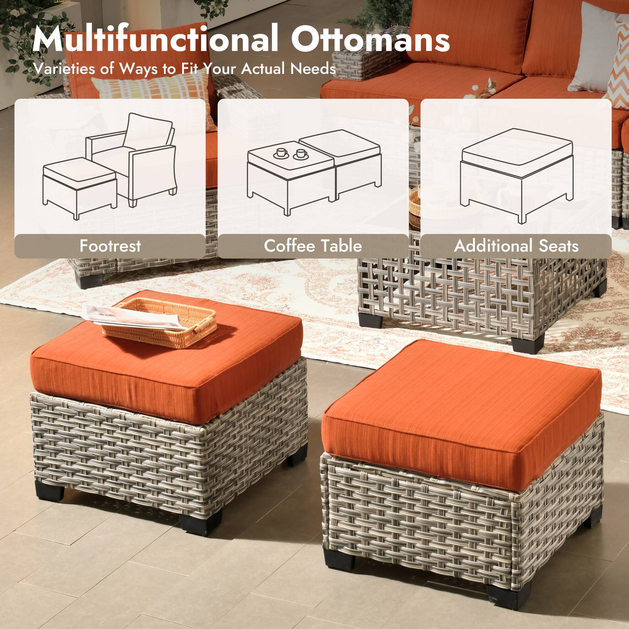 Multifunctional Ottomans  
Varieties of Ways to Fit Your Actual Needs  
Footrest  
Coffee Table  
Additional Seats
