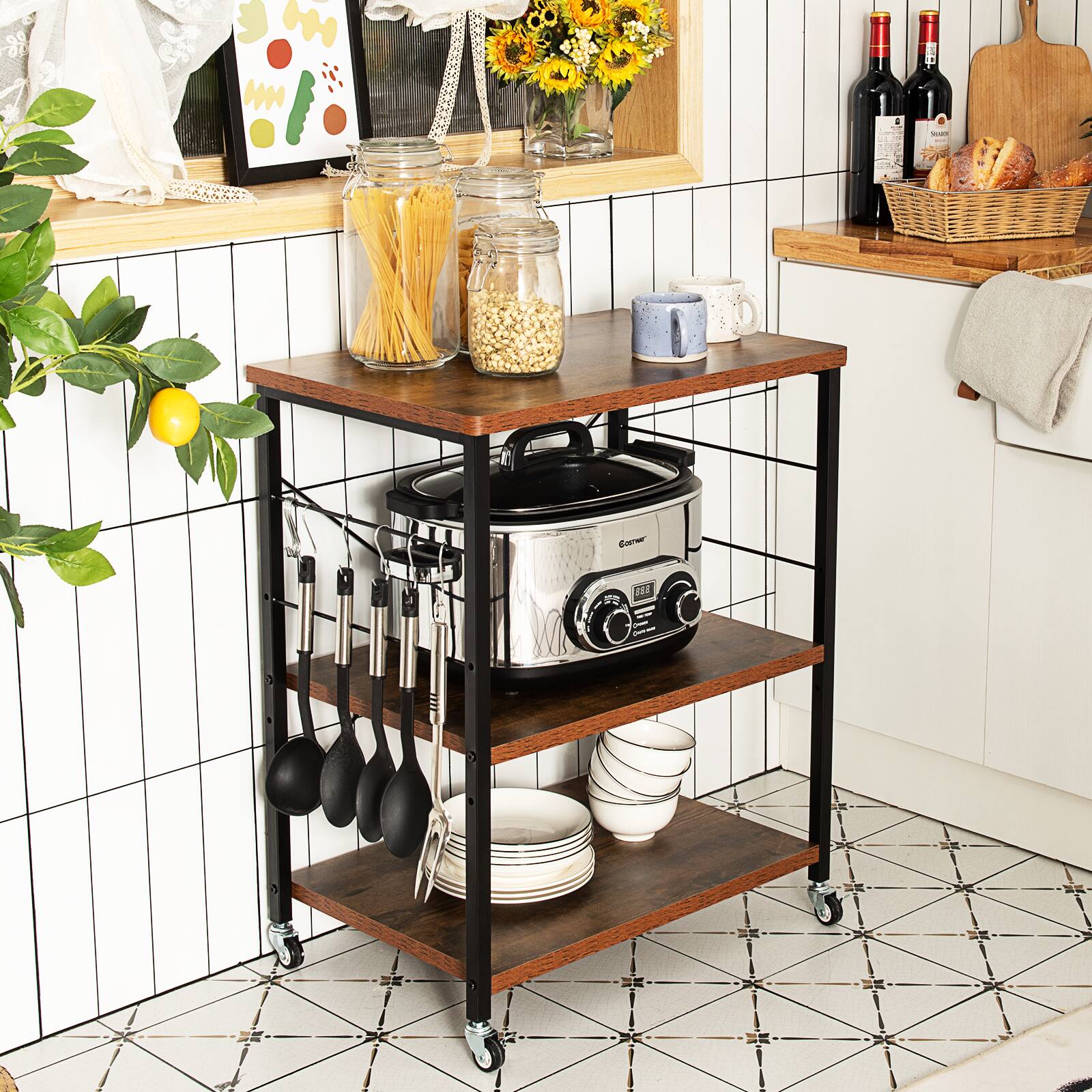 Alt View 1. Costway - Costway 3-Tier Kitchen Baker's Rack Microwave Oven Storage Cart w/ Hooks - Rustic Brown.