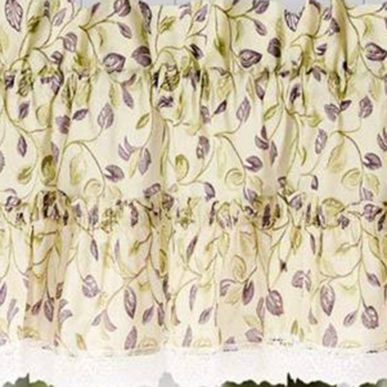 Left. Ellis Curtain - Ellis Curtain Clarice Room Darkening Natural Color Classic Print Ruffled Window Valance - 52 x12" Violet - Violet.