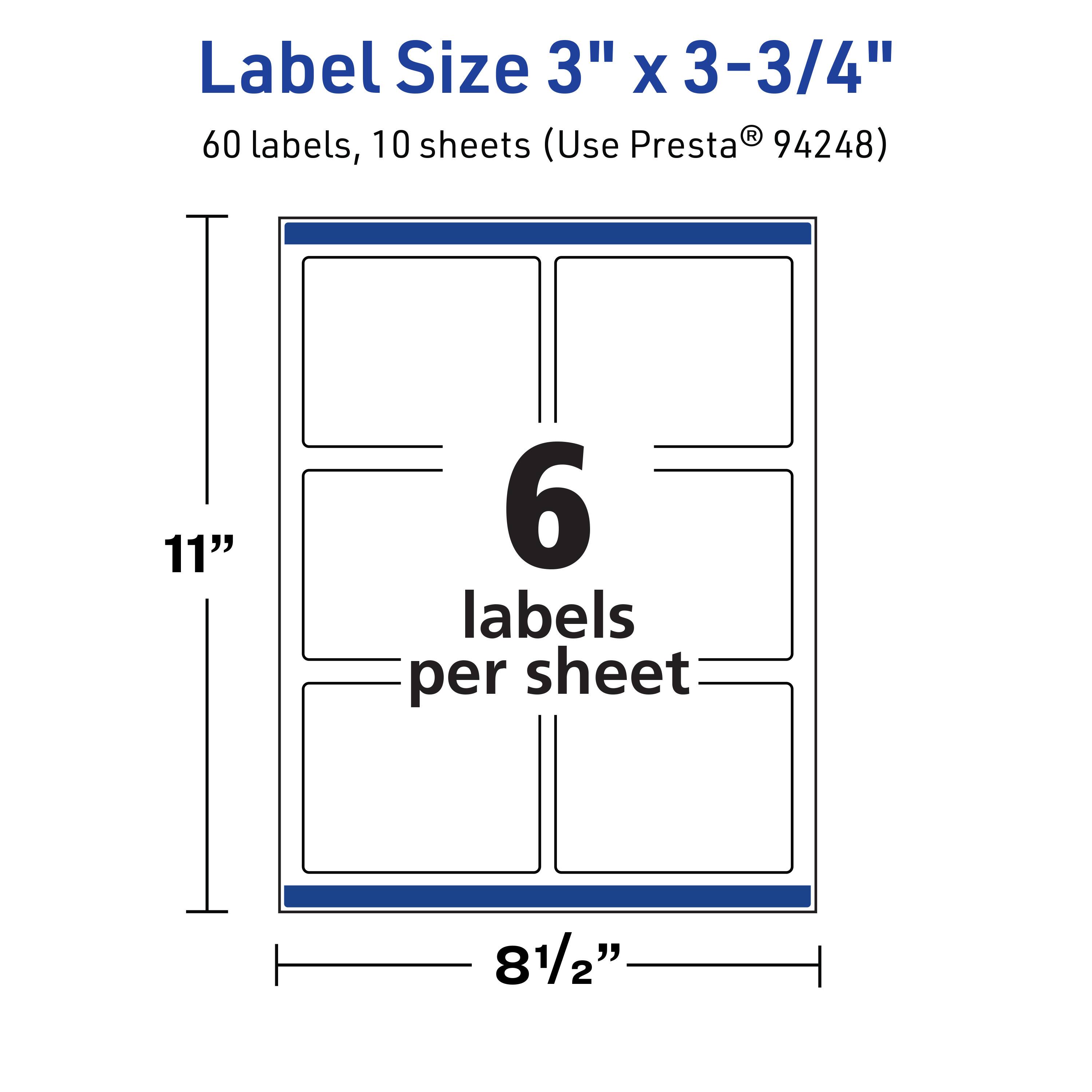 Label Size 3" x 3-3/4"  
60 labels, 10 sheets (Use Presta® 94248)  
11"  
6 labels per sheet  
8½"