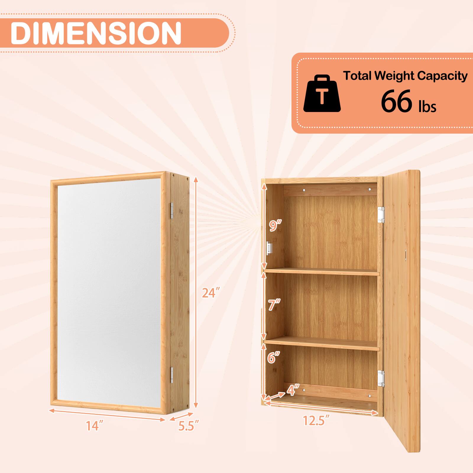 DIMENSION  
Total Weight Capacity 66 lbs  
24"  
14"  
5.5"  
12.5"  
7"  
6"  
4"