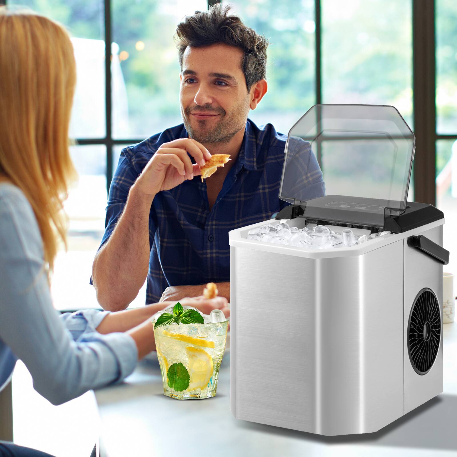 Angle. SKONYON - Countertop Ice Maker with Self-Cleaning and Fast Ice Production Quiet Operation - Silver.