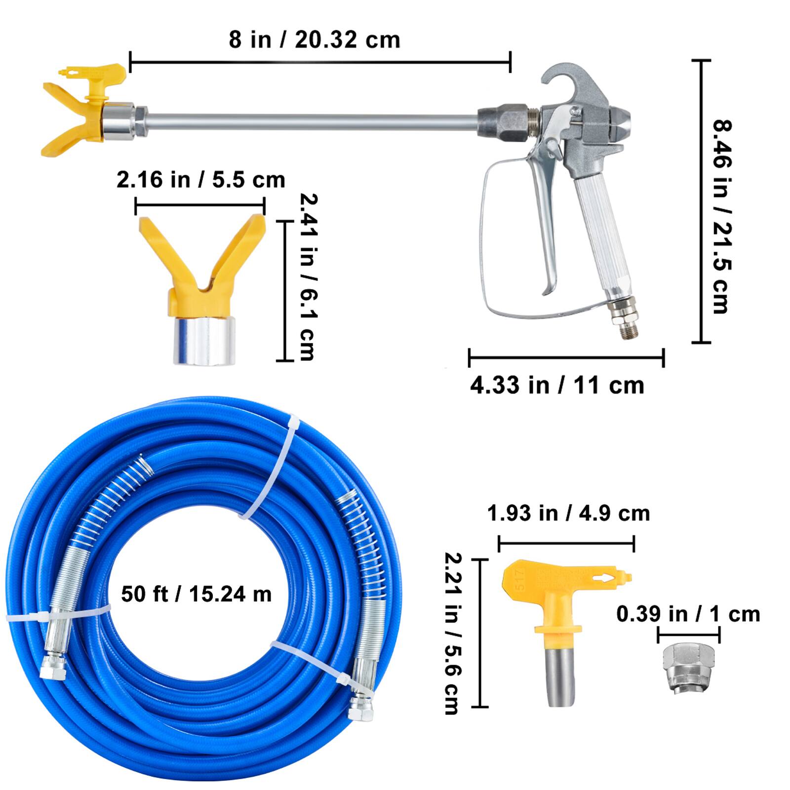 8 in / 20.32 cm  
2.16 in / 5.5 cm  
2.41 in / 6.1 cm  
4.33 in / 11 cm  
8.46 in / 21.5 cm  
1.93 in / 4.9 cm  
2.21 in / 5.6 cm  
0.39 in / 1 cm  
50 ft / 15.24 m