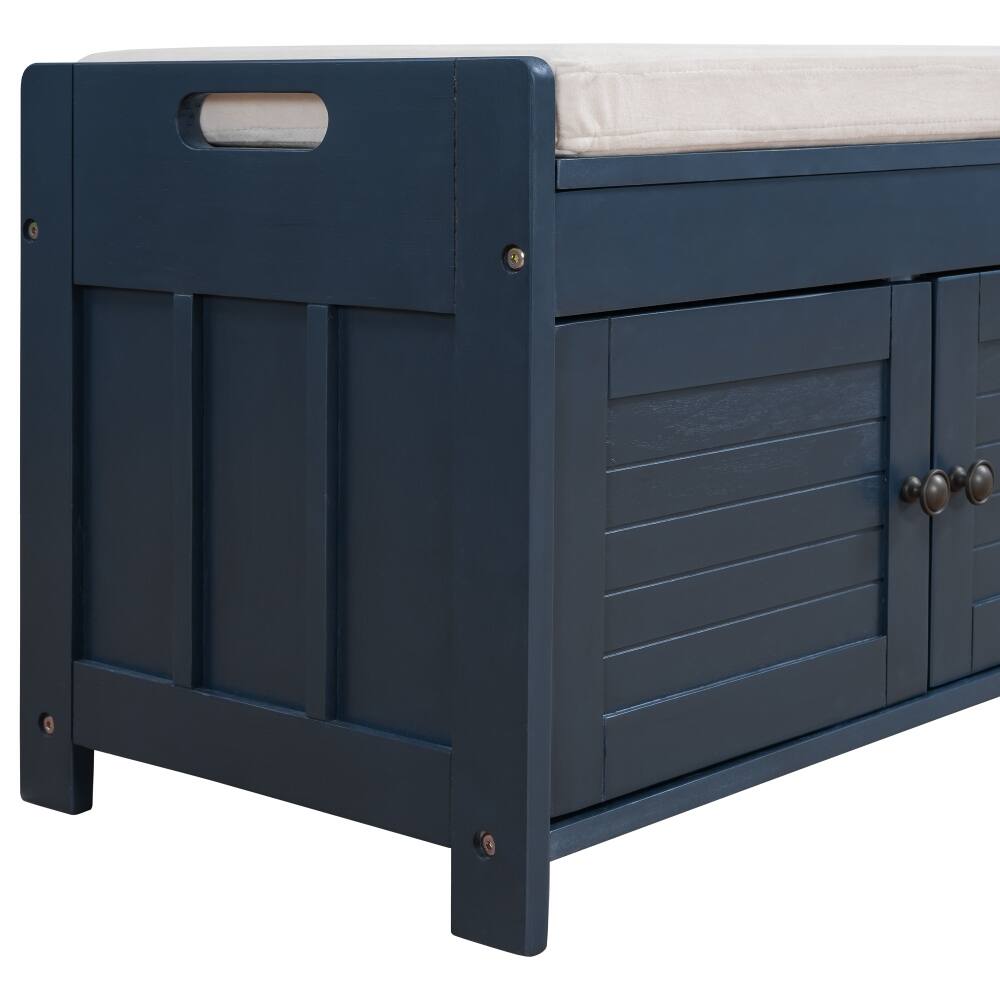 Alt View 3. Ropilly - Ropilly Antique Navy Storage Bench with Cushion and Shutter Doors, Rustic Entryway Shoe Bench - Antique Navy.