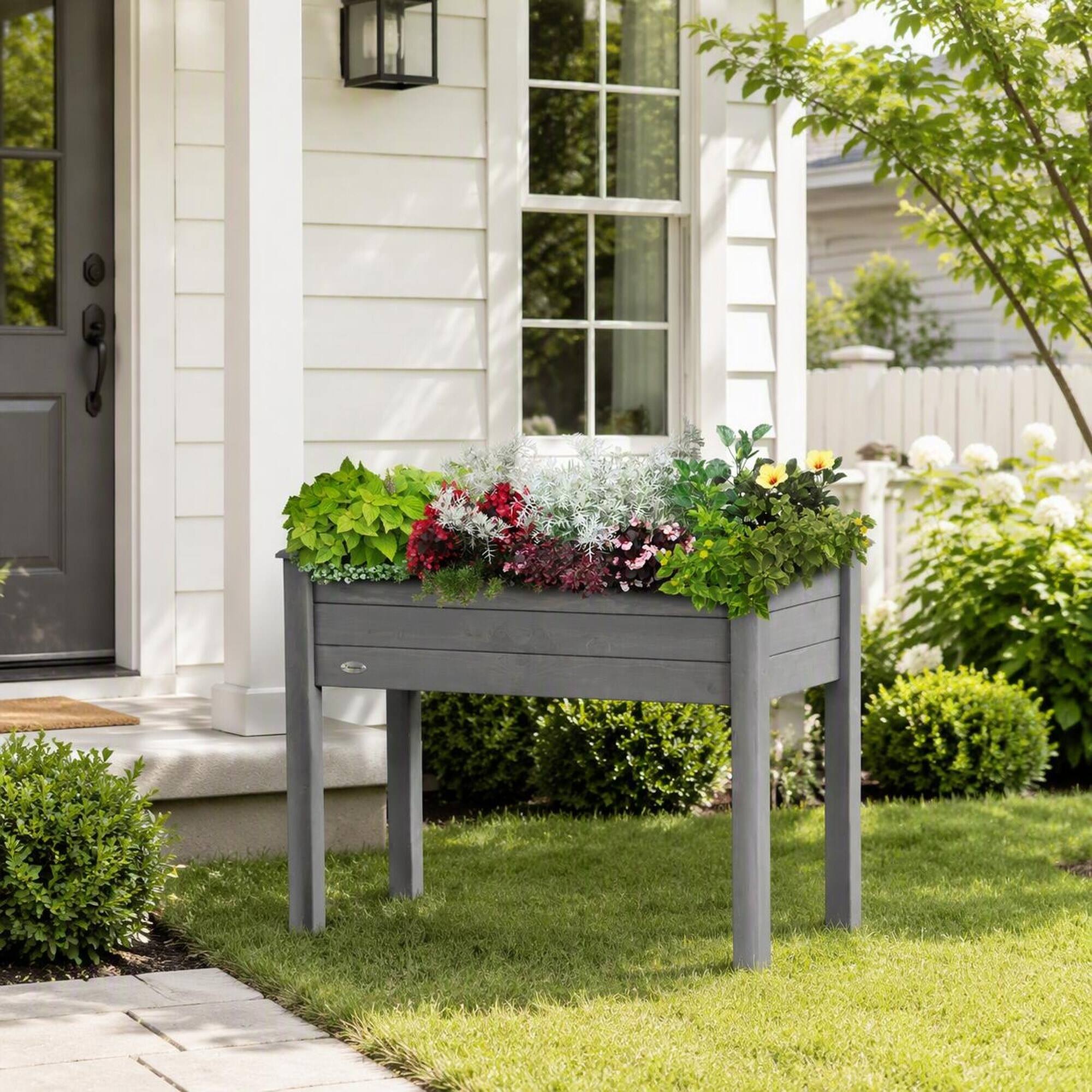 Alt View 1. RYHNUYNE - Raised Garden Bed with Legs 34x18x30 Inch Elevated Wooden Planter Box Self Draining with Fabric Liner - Dark Gray.