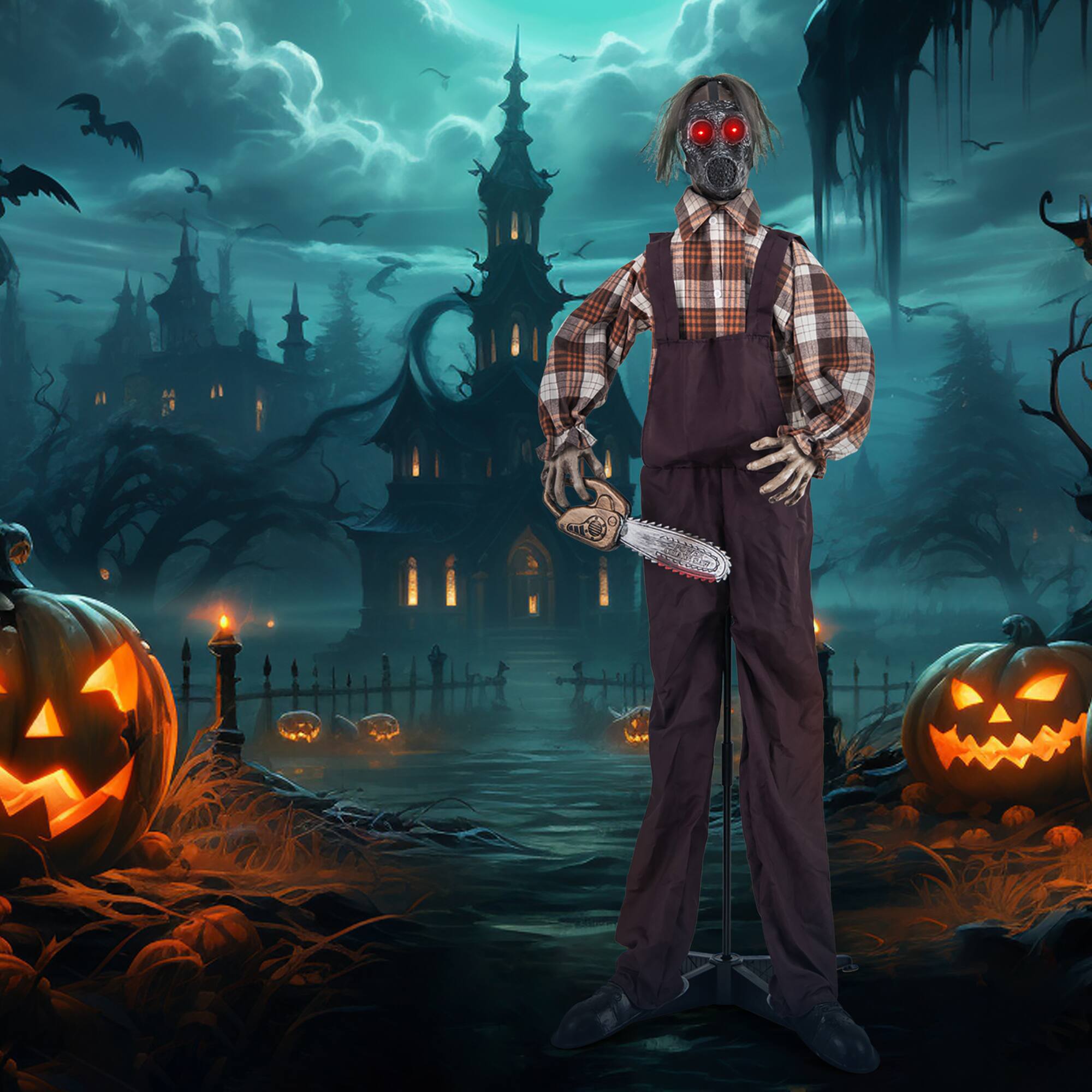 Alt View 4. Gymax - Gymax Halloween Animatronic Chainsaw Man Halloween Prop w/ Gas Mask Chainsaws - Brown.