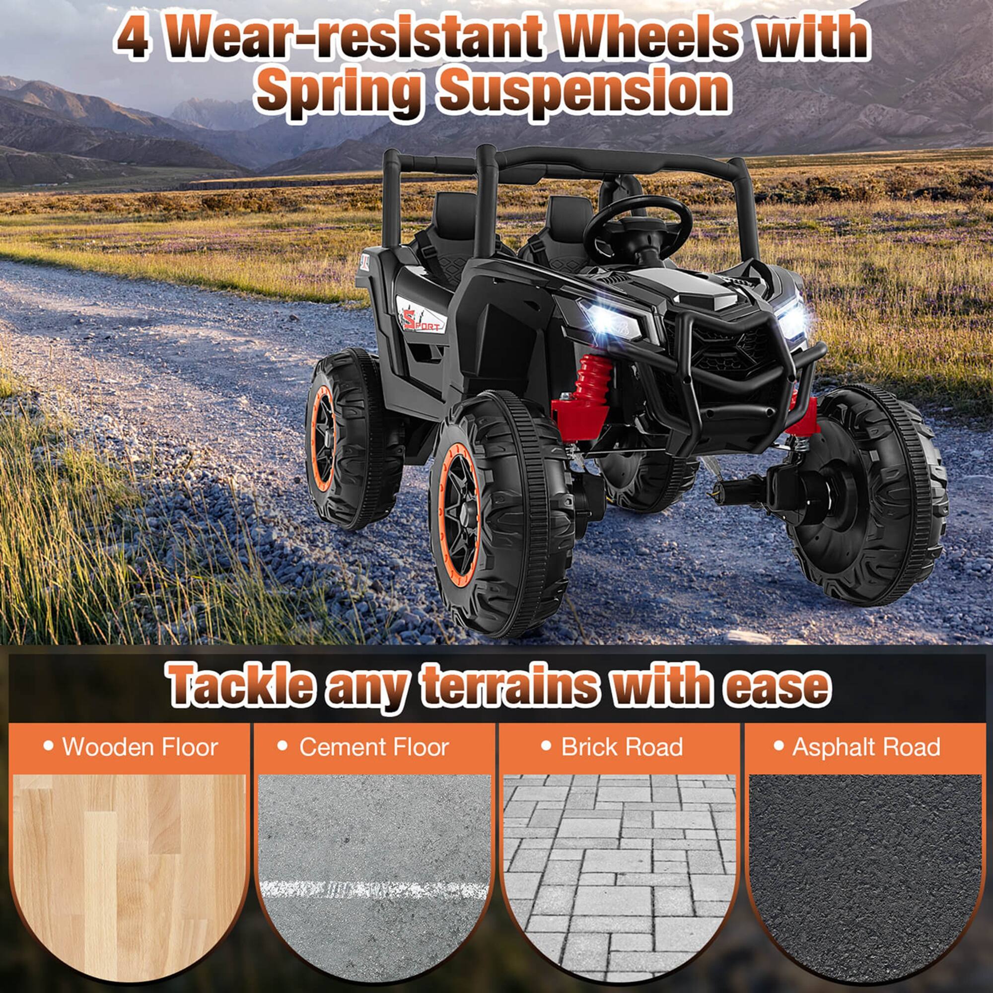 4 Wear-resistant Wheels with Spring Suspension

Tackle any terrains with ease

- Wooden Floor
- Cement Floor
- Brick Road
- Asphalt Road