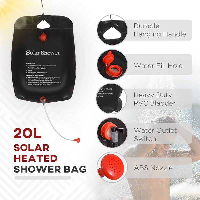 Solar Shower Preparation:
1. Fill the bag with Lukewarm water and a tablespoon of salting soda.
2. Add the desired amount of water to the bag.
3. When ready, suspend the bag upright by tethering the rope through the handle and allow the hose to freely rotate the valve to the on position for the water to flow.

Features:
- Durable Hanging Handle
- Water Fill Hole
- Heavy Duty PVC Bladder
- Water Outlet Switch
- ABS Nozzle