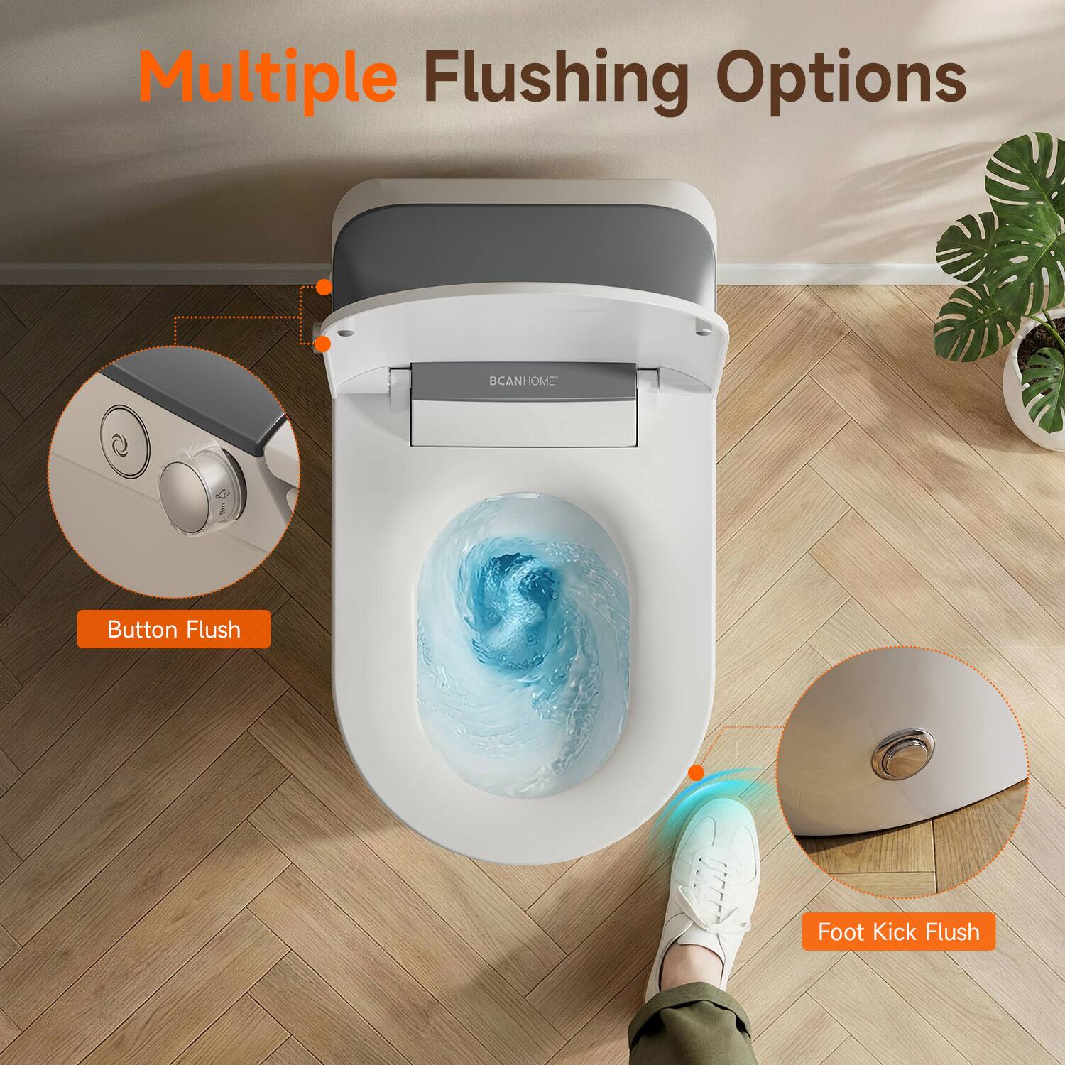 Multiple Flushing Options

- Button Flush
- Foot Kick Flush