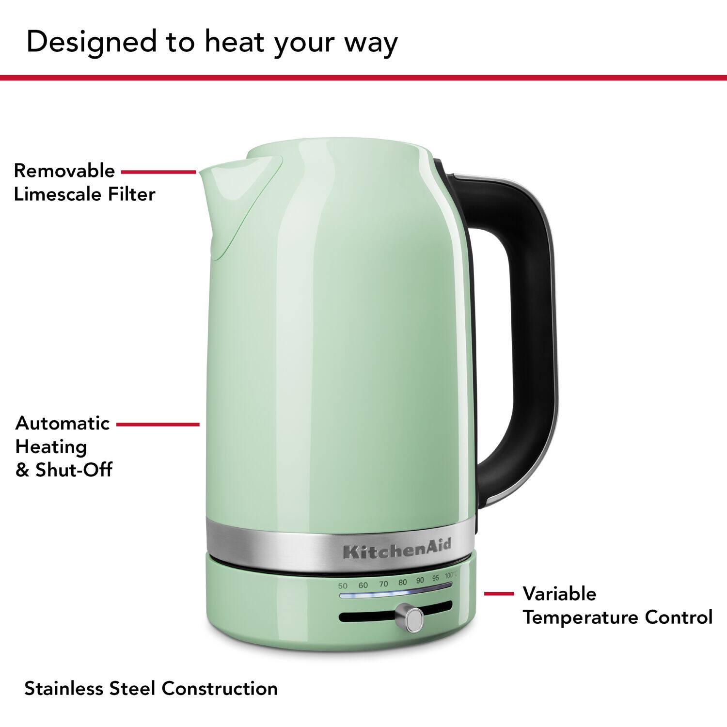 Designed to heat your way, the KitchenAid automatic heating and shut-off system features a removable limescale filter and a variable temperature control. Made from stainless steel, this appliance is built to last and ensure consistent performance.