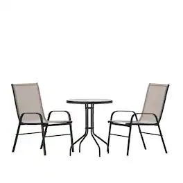 Emma + Oliver - Three Piece Patio Table Set with Round Metal Frame Table with Tempered Glass Top and Two Flex Comfort Stacking Chairs - Brown