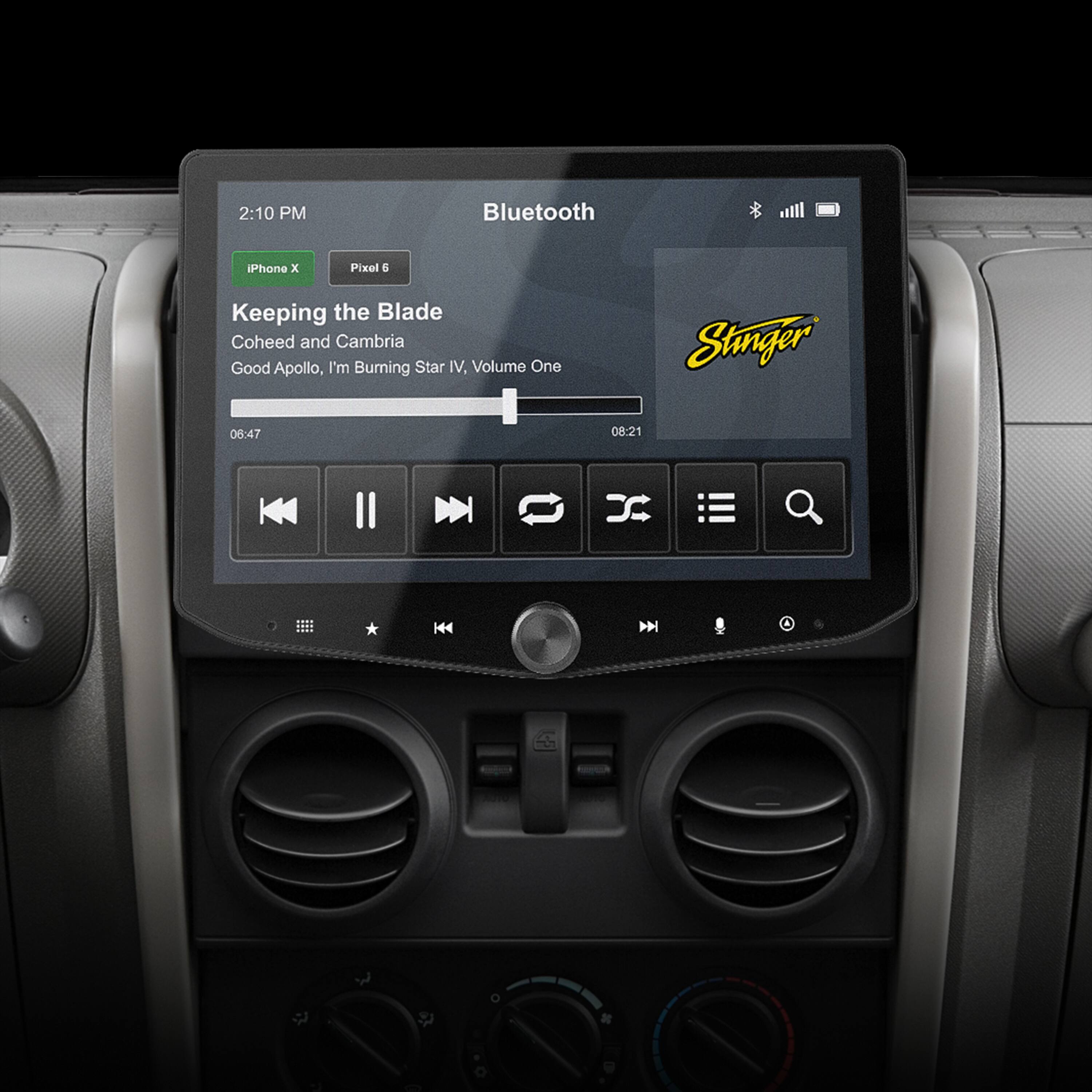 The text on the image reads: "2:10 PM Bluetooth iPhone x Pixel G Keeping the Blade Coheed and Cambria Good Apollo, I'm Burning Star IV. Volume One Stinger 06:47 08:21 X H44 A."