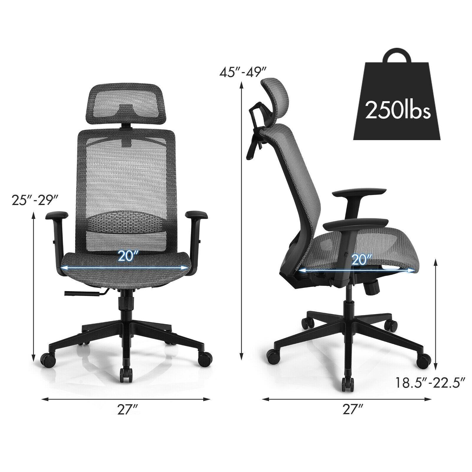 The text on the image states that the chair is 45"-49" tall and can support up to 250 lbs. The chair is also 25"-29" wide and has a 20" armrest. Additionally, the chair is 20" deep and has a 18.5"-22.5" seat height. The chair is also available in a 27" and 27" size.