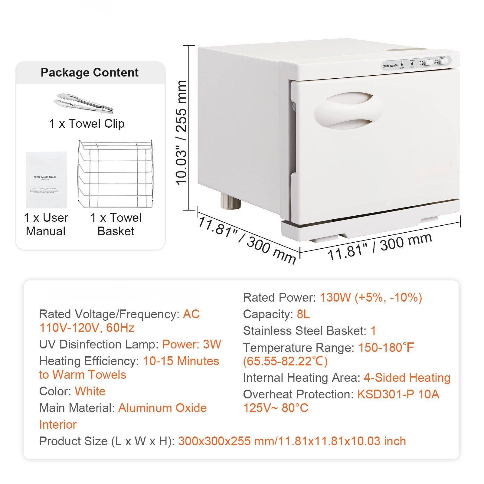 **Package Content:**
- 1 x Towel Clip
- 1 x User Manual
- 1 x Towel Basket

**Product Specifications:**
- Rated Voltage/Frequency: AC 110V-120V, 60Hz
- Rated Power: 130W (+5%, -10%)
- Capacity: 8L
- UV Disinfection Lamp: Power: 3W
- Heating Efficiency: 10-15 Minutes to Warm Towels
- Temperature Range: 150-180°F (65.55-82.22°C)
- Internal Heating Area: 4-Sided Heating
- Overheat Protection: KSD301-P 10A
- Main Material: Aluminum Oxide
- Color: White
- Stainless Steel Basket: 1
- Product Size (L x W x H): 300x300x255 mm / 11.81x11.81x10.03 inch
- Interior Product Size (L x W x H): 300x300x255 mm / 11