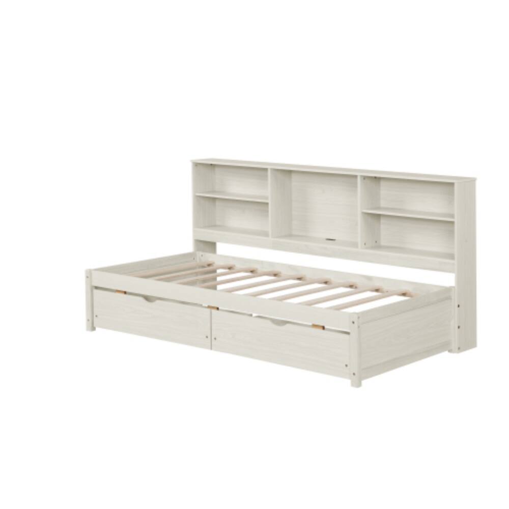 Alt View 1. LUCKY ONE - Twin Size Bed Frame with Side Bookshelves, 2 Drawers, Built-in USB and Type-C Ports, No Box Spring Needed - Creamy White.