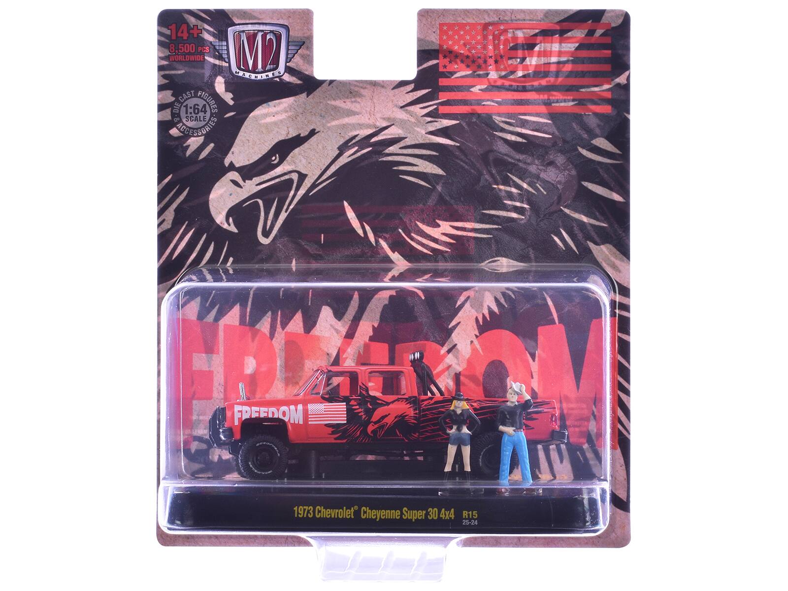 14+  
8,500 PCS  
WORLDWIDE  

MACHINES  

CAST FIGURES & ACCESSORIES  
1:64 SCALE  

FREEDOM  

1973 Chevrolet® Cheyenne Super 30 4x4  
R15  
25-24