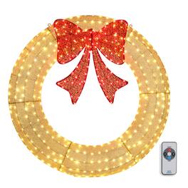 Winado - 48in Christmas Wreath Large Pre-Lit with LED Lights, Bows, Remote Control for Indoor Outdoor Holiday Party Decorations - Gold/Red