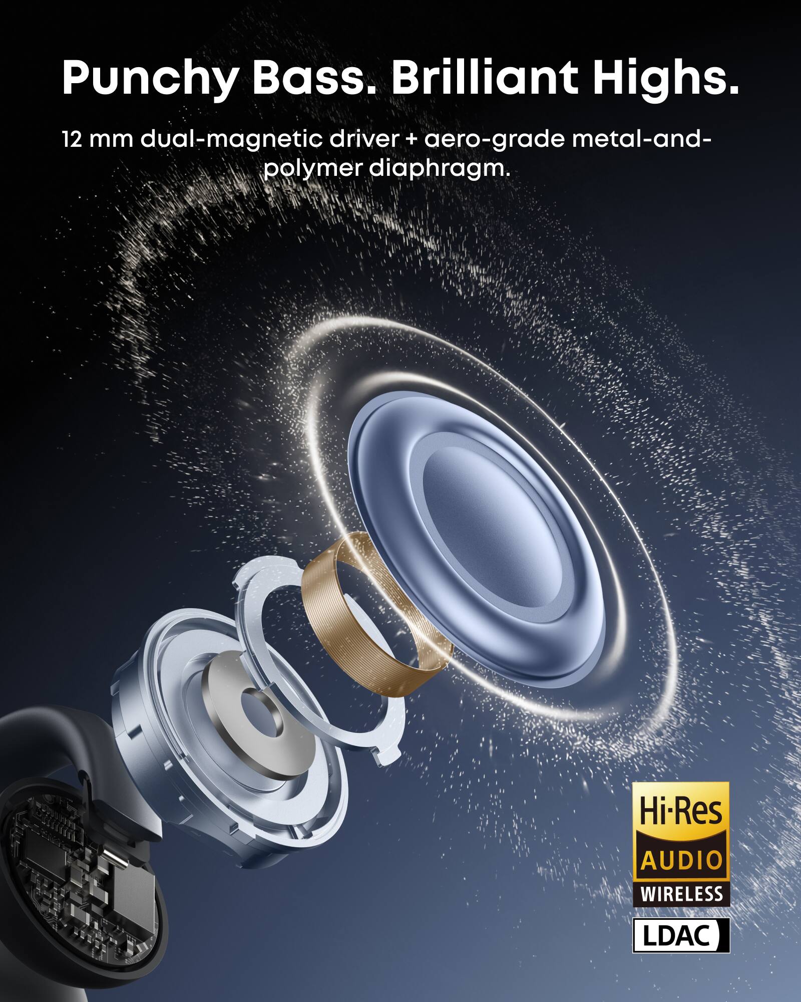 Punchy Bass. Brilliant Highs.  
12 mm dual-magnetic driver + aero-grade metal-and-polymer diaphragm.  

Hi-Res  
AUDIO WIRELESS  
LDAC
