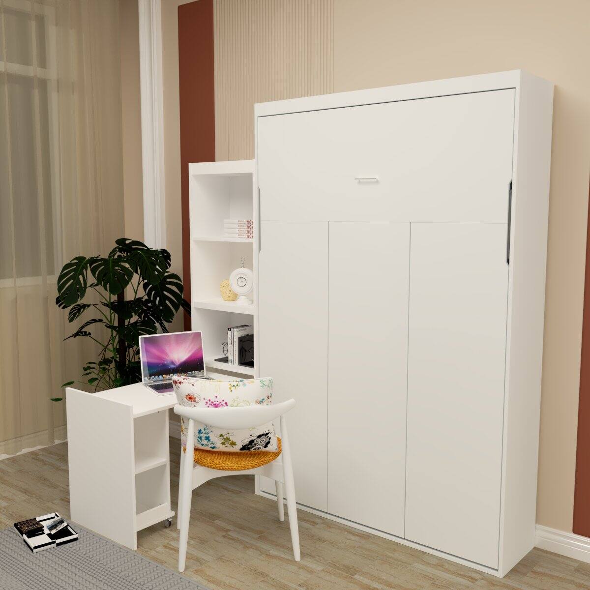 Alt View 5. Tiramisubest - Queen Size Modern Murphy Bed with Table, White, Space-Saving - White.