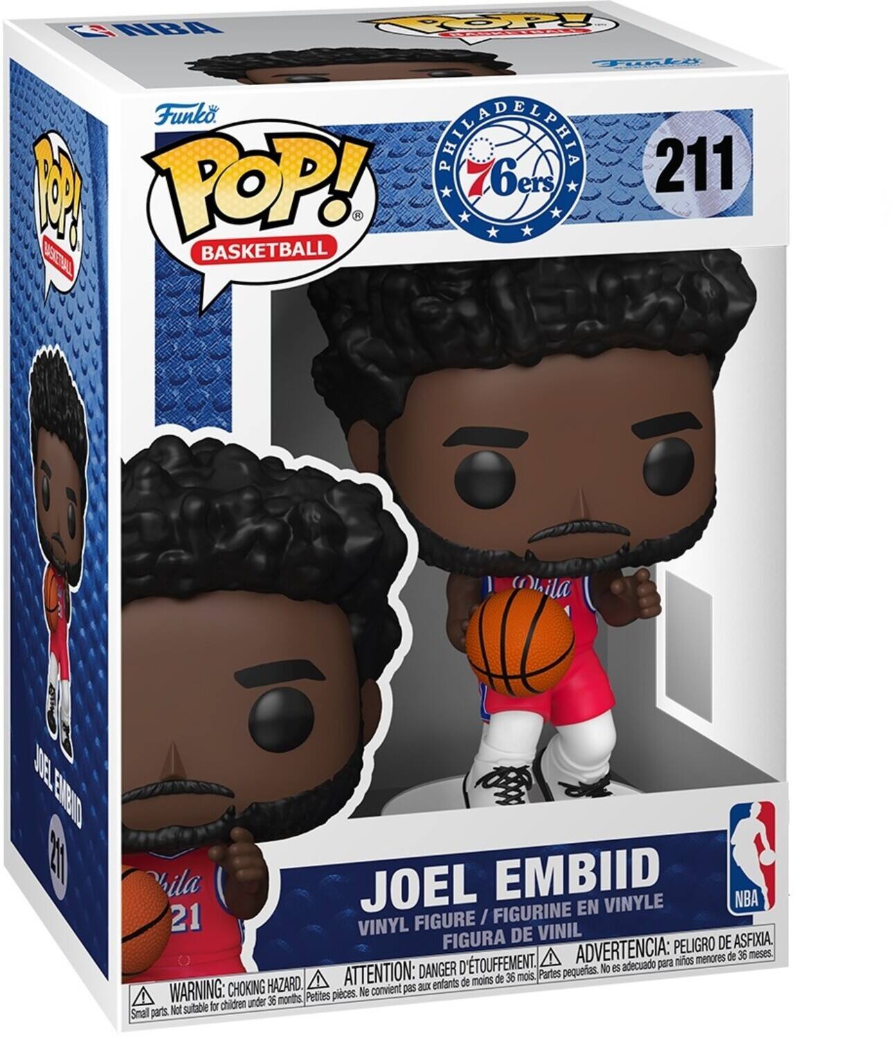 Sure, here is the corrected and grouped text from the image:

---

**Funko POP! BASKETBALL**

**76ers**  
**211**

**JOEL EMBIID**  
VINYL FIGURE / FIGURINE EN VINYLE / FIGURA DE VINIL

**WARNING: CHOKING HAZARD**  
Small parts. Not suitable for children under 36 months.  
**ATTENTION: DANGER**  
Pequeñas piezas. No conviene para niños menores de 36 meses.  
**ADVERTENCIA: PELIGRO DE ASFIXIA**  
Partes pequeñas. No adecuado para niños menores de 36 meses.

---

This text is organized to reflect the information on the packaging accurately.